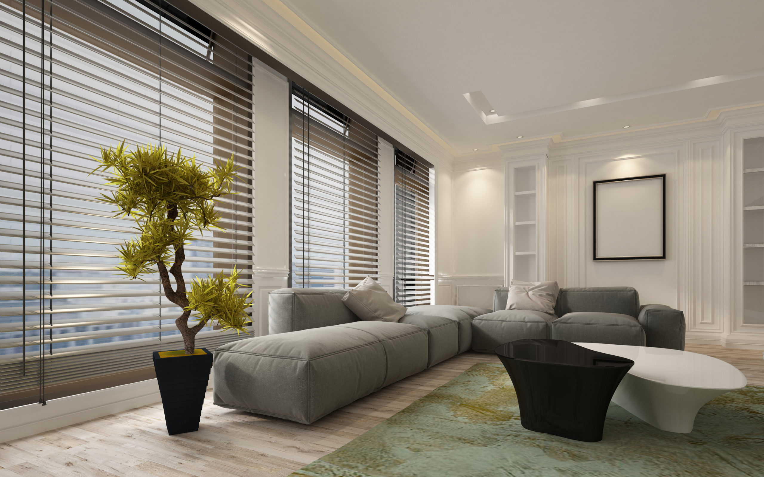 Fancy apartment living room interior with blinds